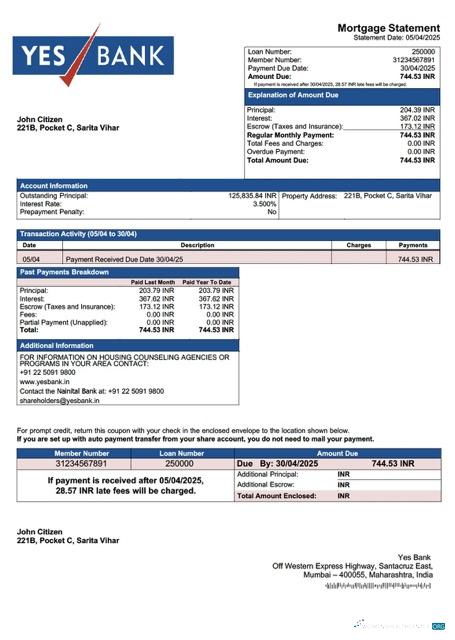 Download India Yes Bank mortgage statement Word and PDF template Photoshop template